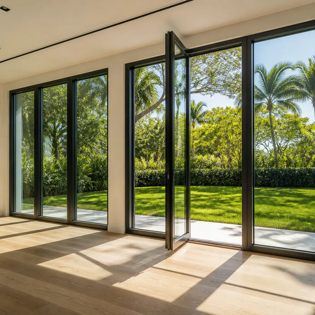 Modern floor-to-ceiling glass doors opening to a sunny backyard garden