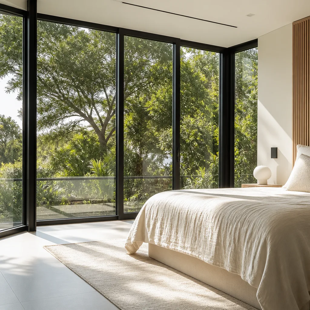 Modern floor-to-ceiling sliding glass doors in a luxury bedroom.