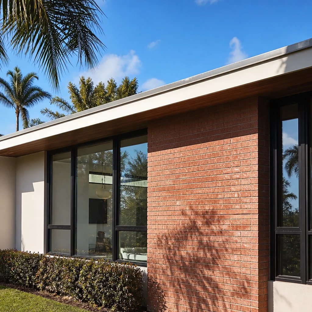 Modern home exterior with large black framed energy efficient windows